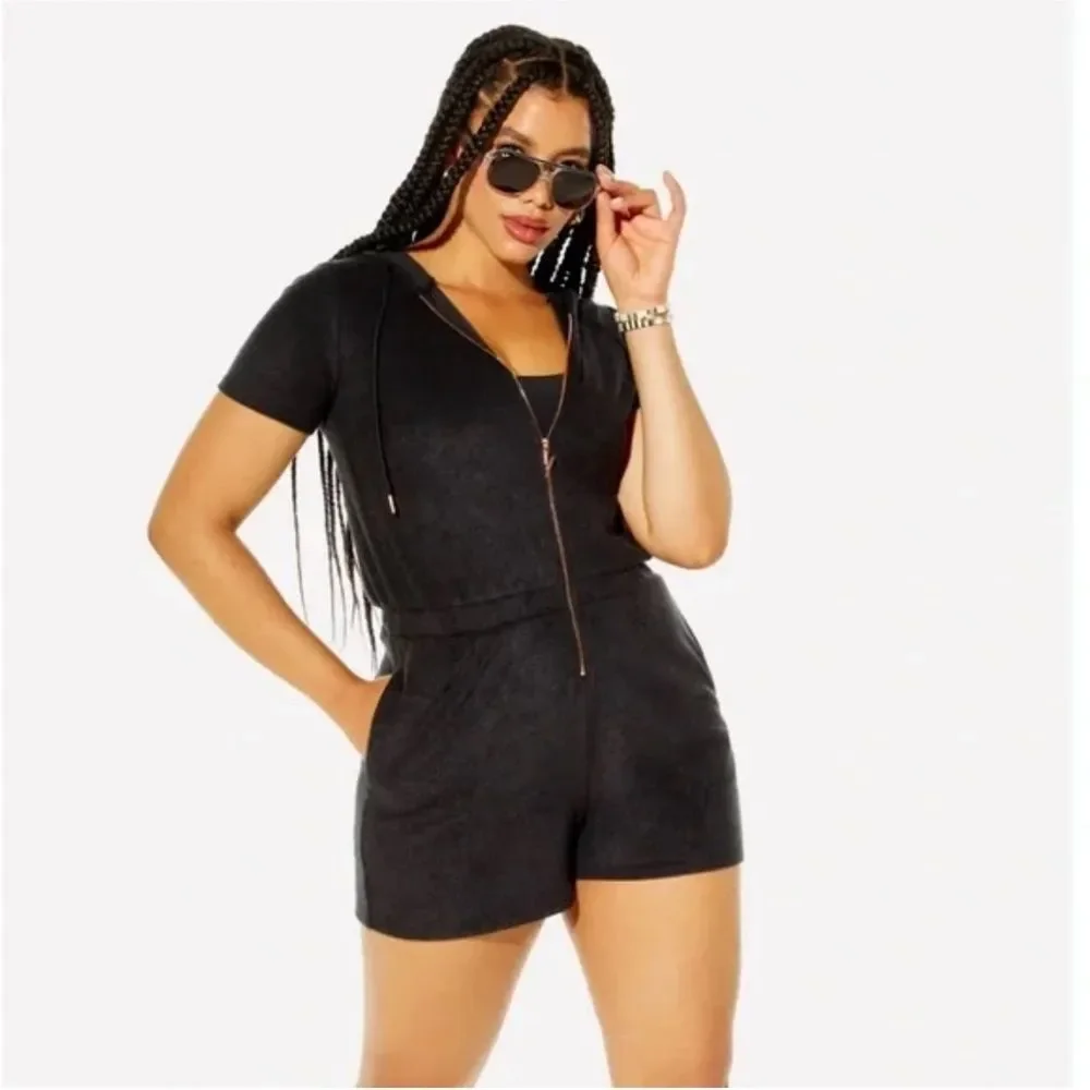 YITTY Terry Cloth Romper Size XL Black Hooded Zip Up Elastic Waist Athleisure - Picture 13 of 13